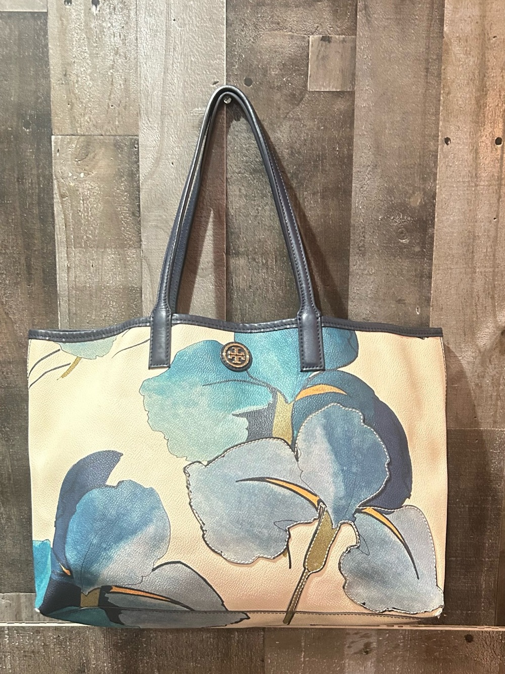Tory Burch Blue and Cream Floral Canvas Tote